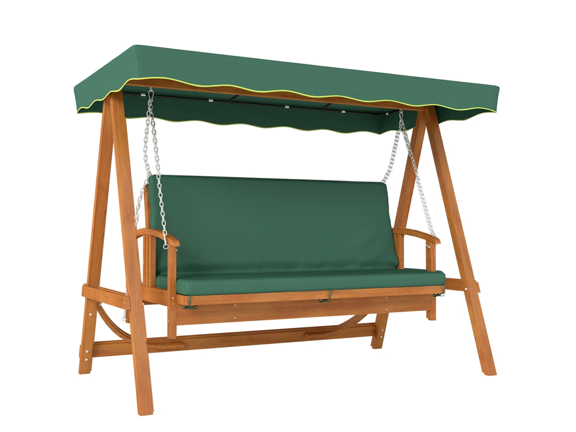 Baloiço Hollywood com Dossel Solar, Baloiço de Jardim de Madeira Verdadeira, Baloiço com Função Reclinável, para 3 Pessoas, Verde Escuro pt