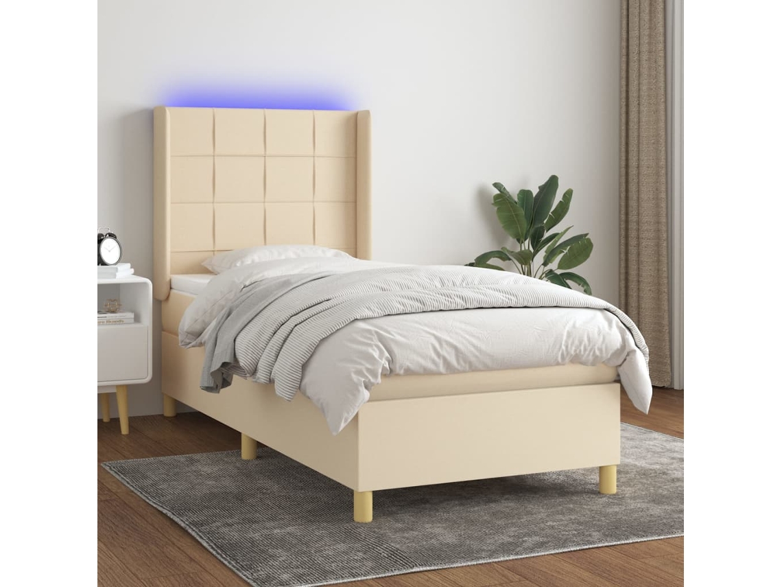 Cama Box Spring C/ Colchão E Led 90x190 Cm Tecido Cor Creme