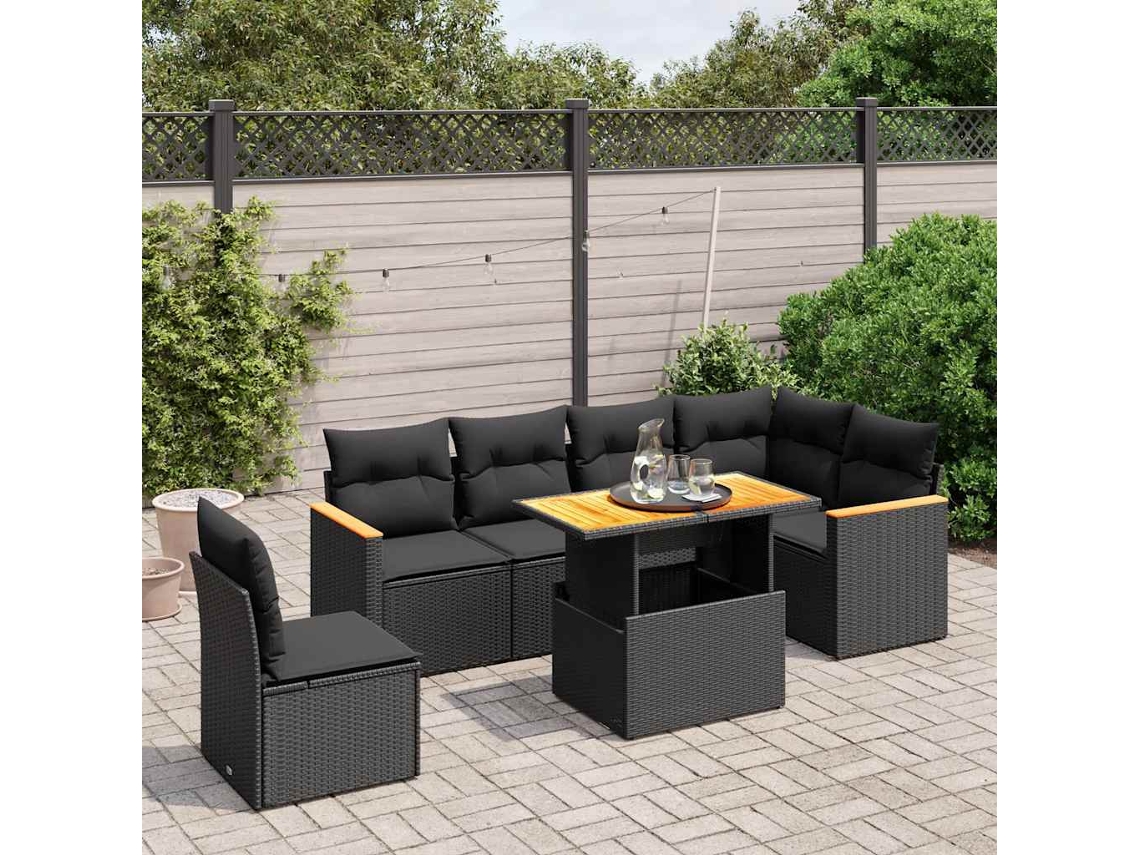 Vidaxl 7 Pcs Conjunto De Sofás P/ Jardim C/ Almofadões Vime Pe Preto