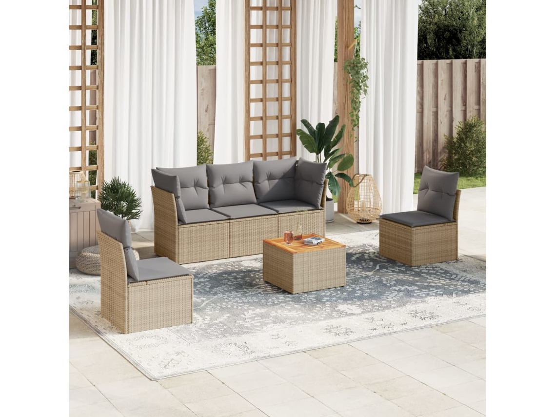 Vidaxl 6 Pcs Conj. Sofás Jardim C/ Almofadões Vime Pe Bege Misturado