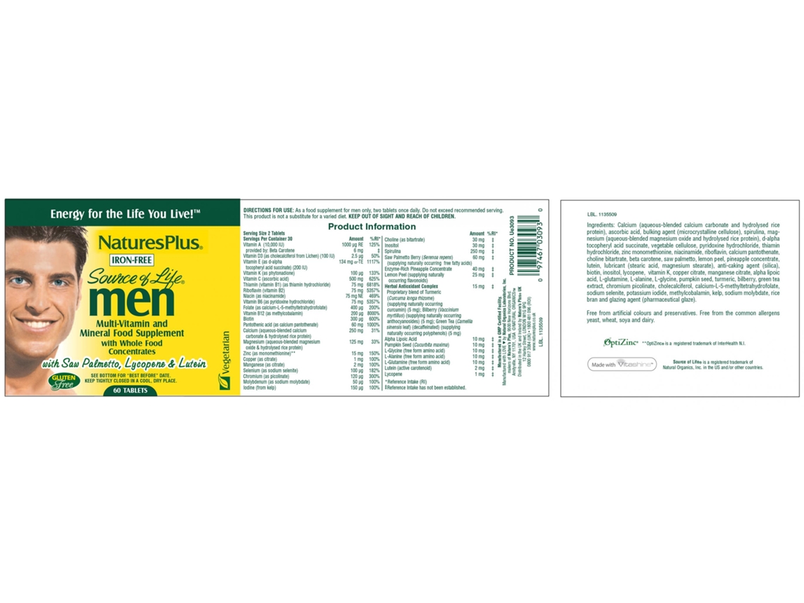Nature's Plus Source of Life Men Iron Free 60's