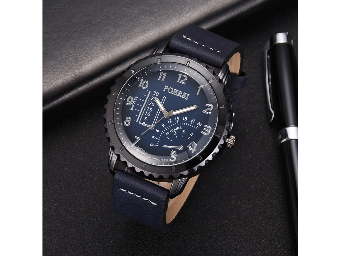 Relógio masculino vintage casual de quartzo com pulseira de couro PU e mostrador grande azul.