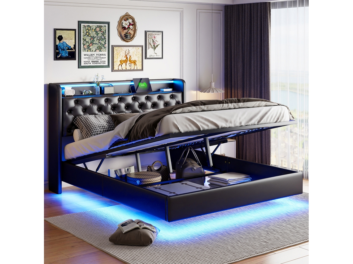 Cama De Casal, 140 X 200 Cm, Estofada, Com Carregamento Usb, Led, Cabeceira Com Espaço De Arrumação, Pés Embutidos E Acabamento Em Pu. Rosahqnda