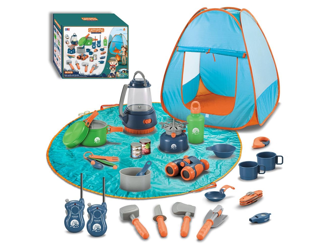 Mali conjunto de Acampamento Infantil 29 Peças com Tenda Fogo Artificial e Utensílios para Brincar Ao Ar Livre e Interior