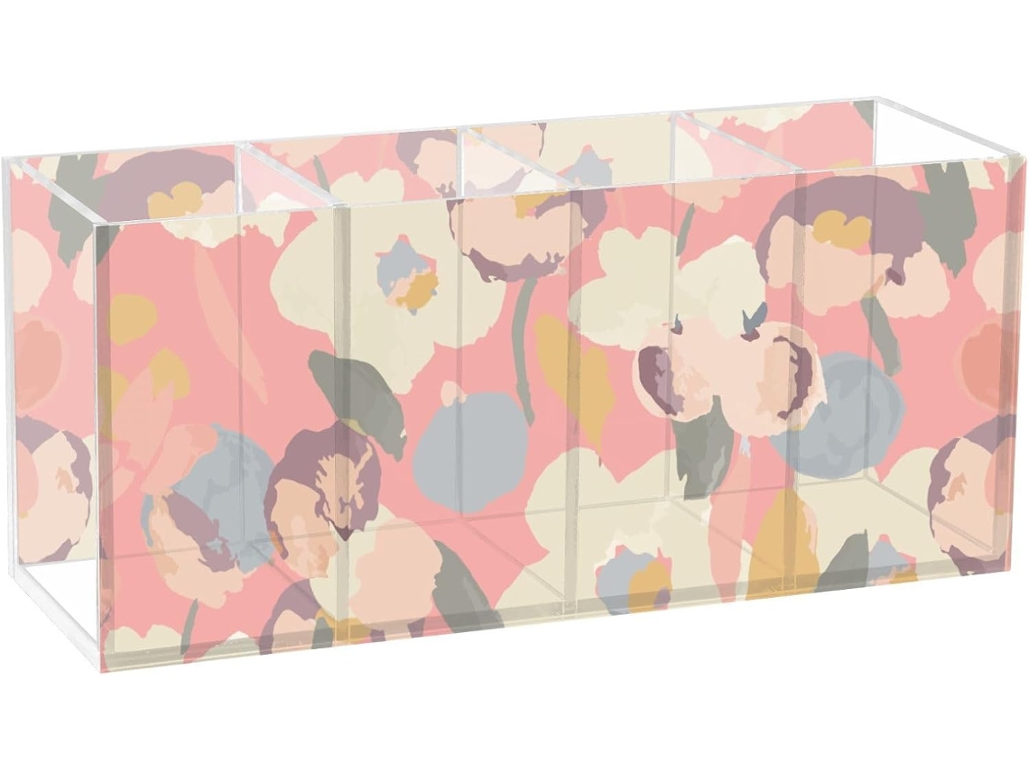 Porta lápis Frodotgv em Acrílico Transparente com Estampa Floral Abstrata Colorida, 4 Compartimentos, Ideal Pa