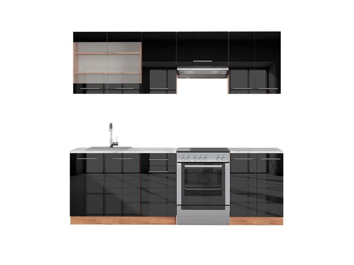 Cozinha Fame-Line, 240 cm, Mármore PT, Antracite brilhante/Carvalho dourado, Vicco