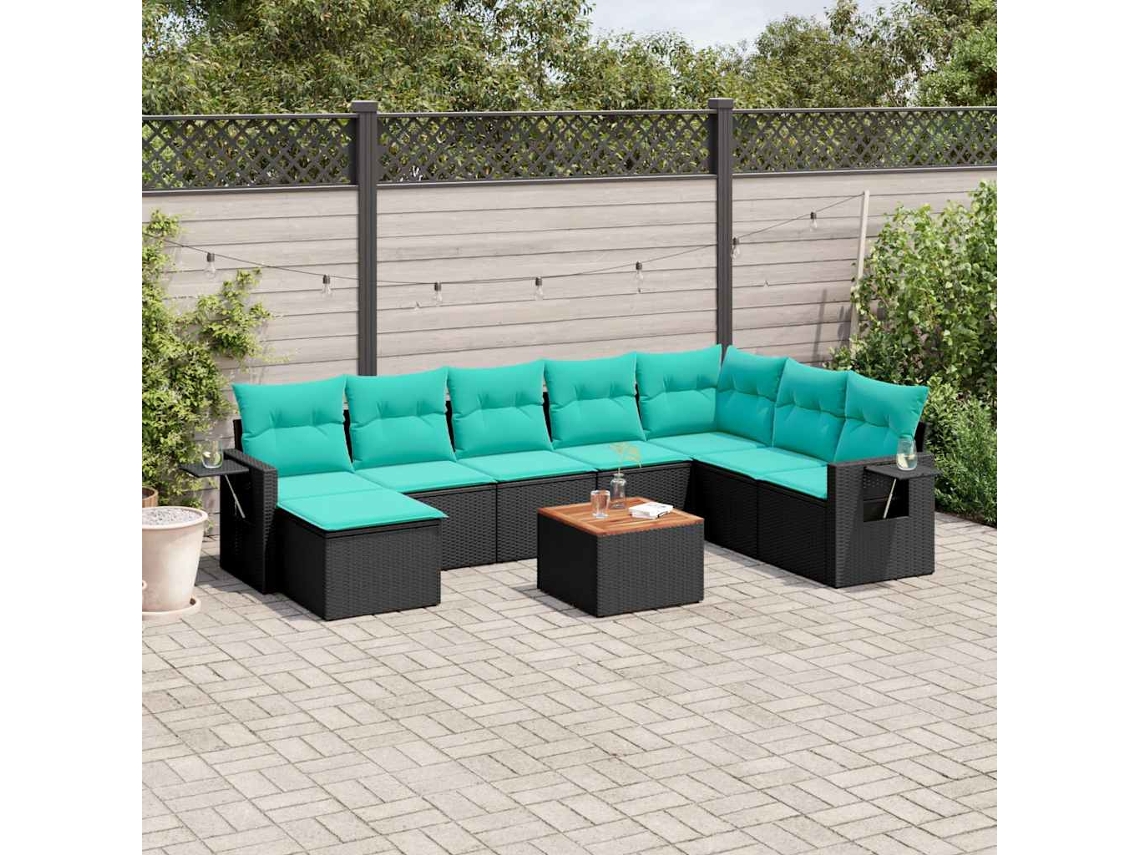 Vidaxl Conjunto De Sofá De Jardim De 9 Peças Com Almofadas Em Rattan Sintético Preto