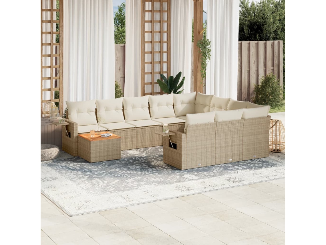 Conjunto de Sofá de Jardim 11 Peças C/ Almofadões Vime Pe Bege Dkd Home Decor