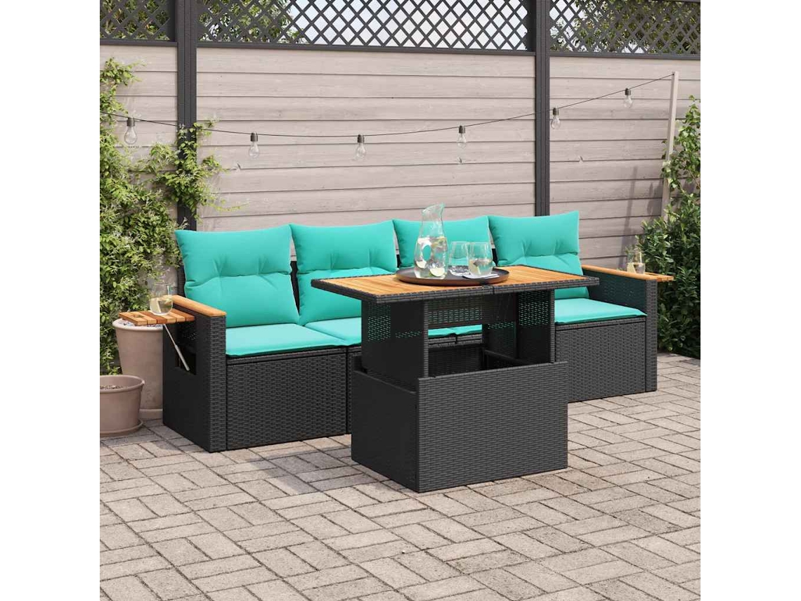 Vidaxl 5 Pcs Conjunto Sofás De Jardim Com Almofadões Vime Pe Preto