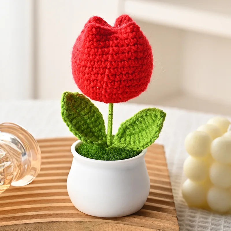 (1 Peça) Mini Tulipa De Crochê, Vaso De Planta, Decoração Fofa De Flor Tricotada