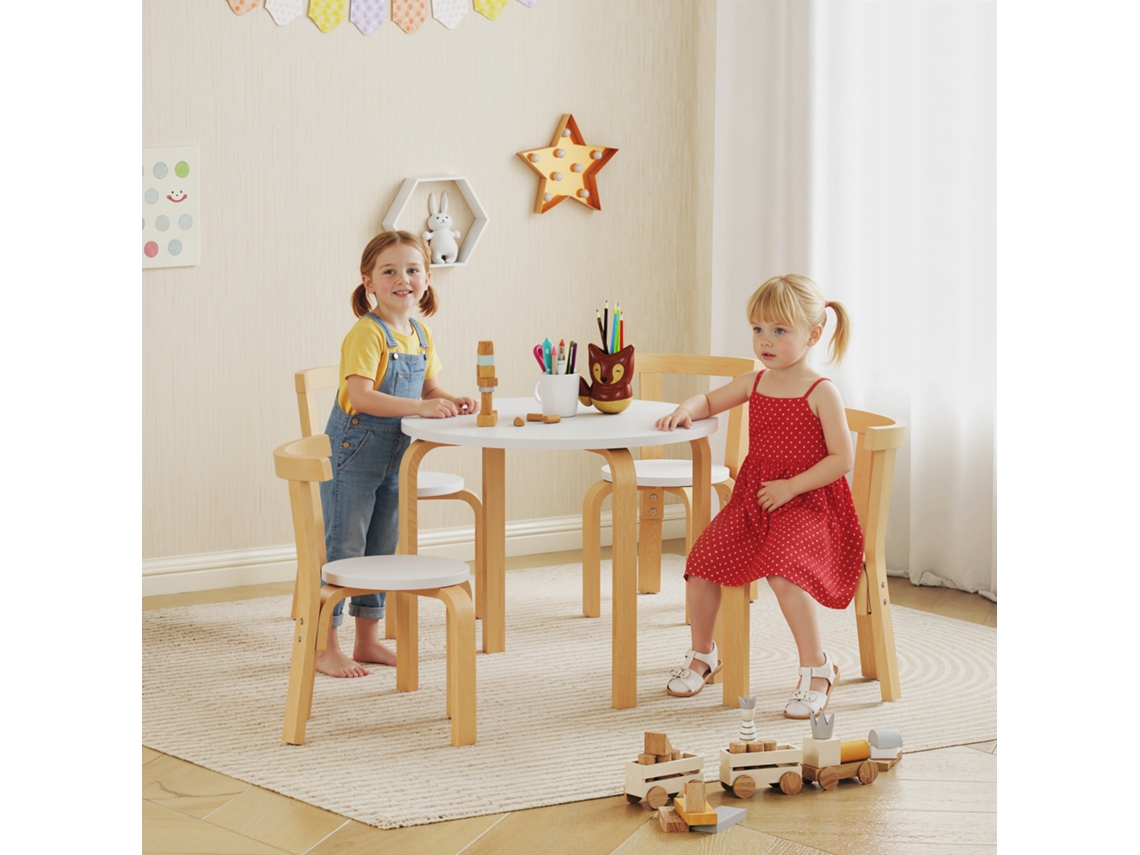 Conjunto de mesa e cadeiras de madeira com 5 peças para crianças de 3 a 8 anos, branco.