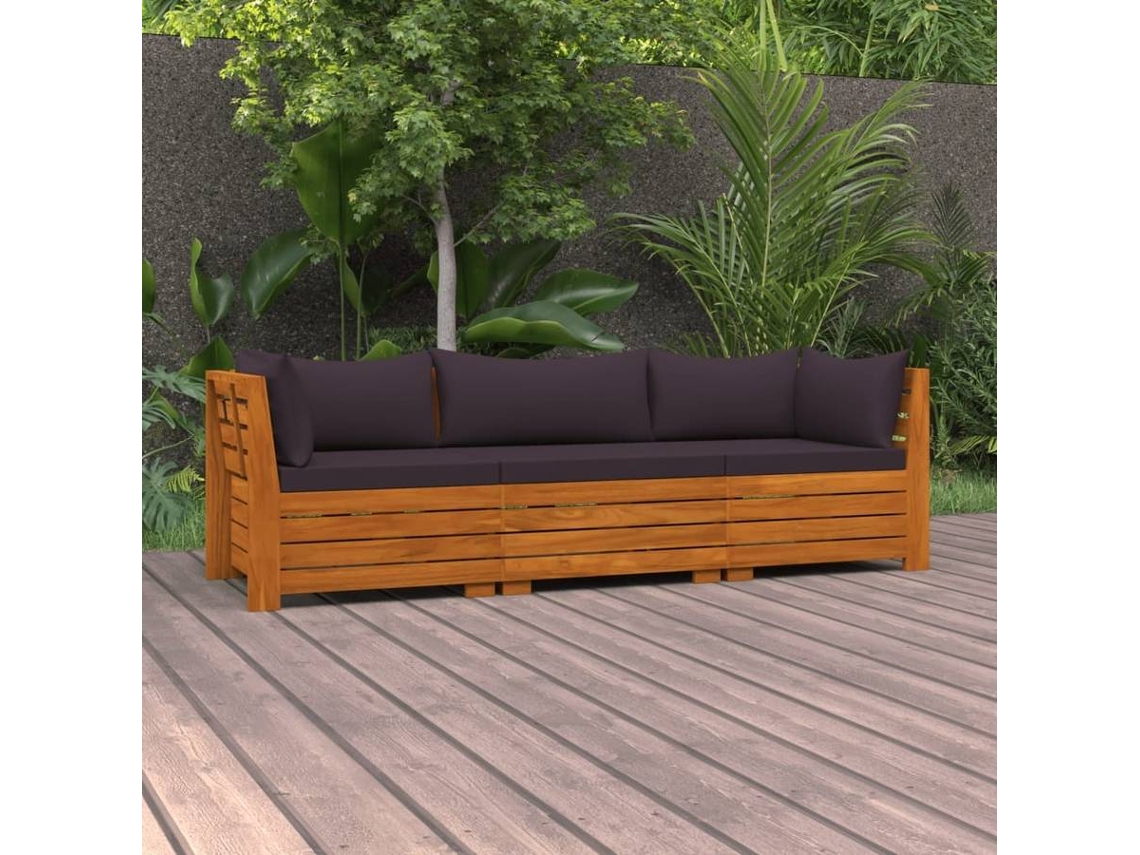 vidaXL Sofá de jardim 3 lugares c/ almofadões madeira de acácia maciça