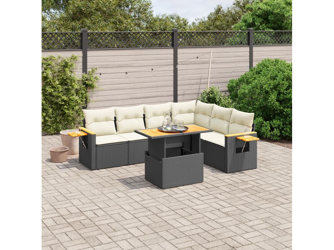 Jogo de Sofá 7 Peças P/ Jardim C/ Almofadões Vime Pe Preto Dkd Home Decor