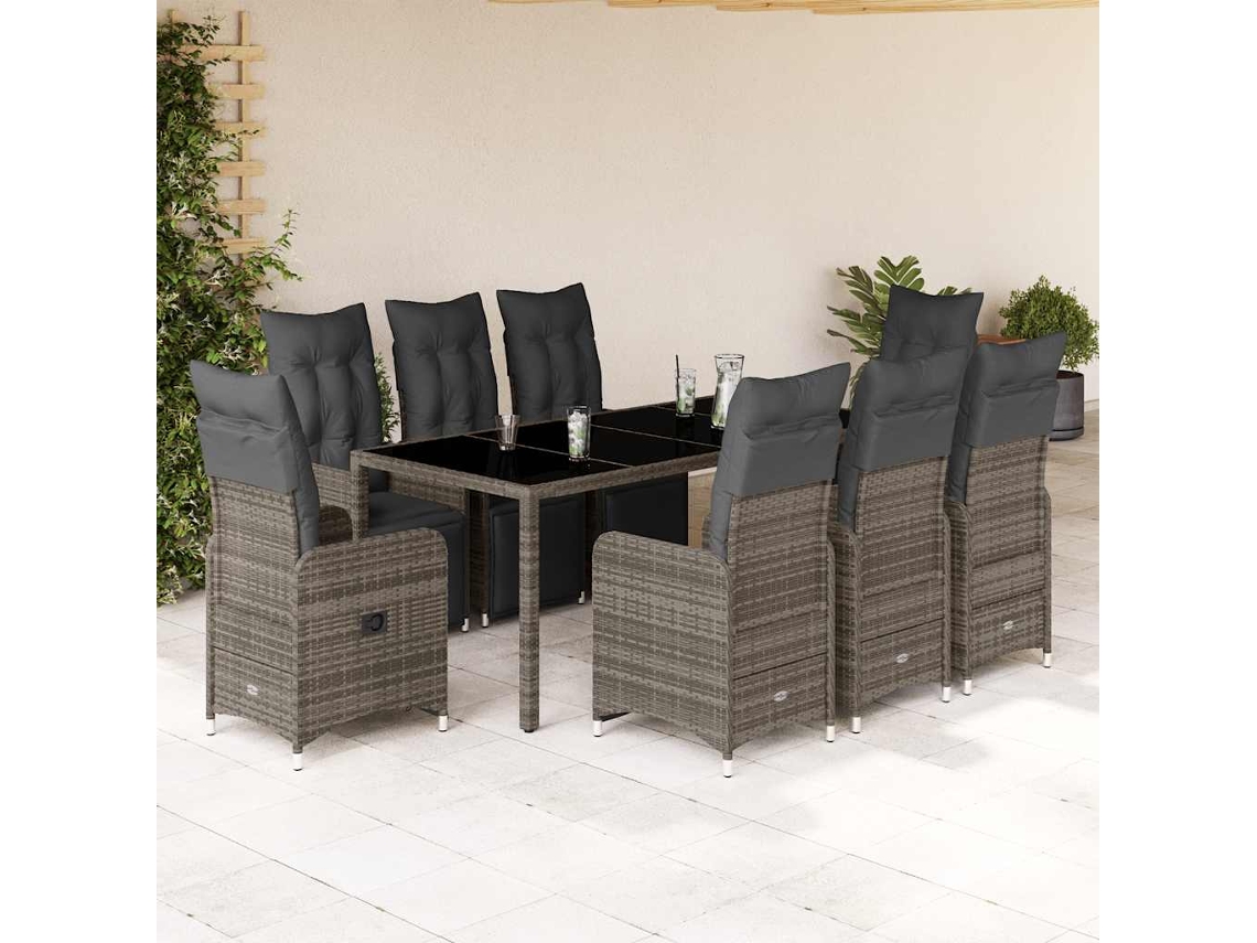 Conjunto 9 Peças Bistrô De Jardim C/ Almofadões Vime Pe Cinzento Dkd Home Decor