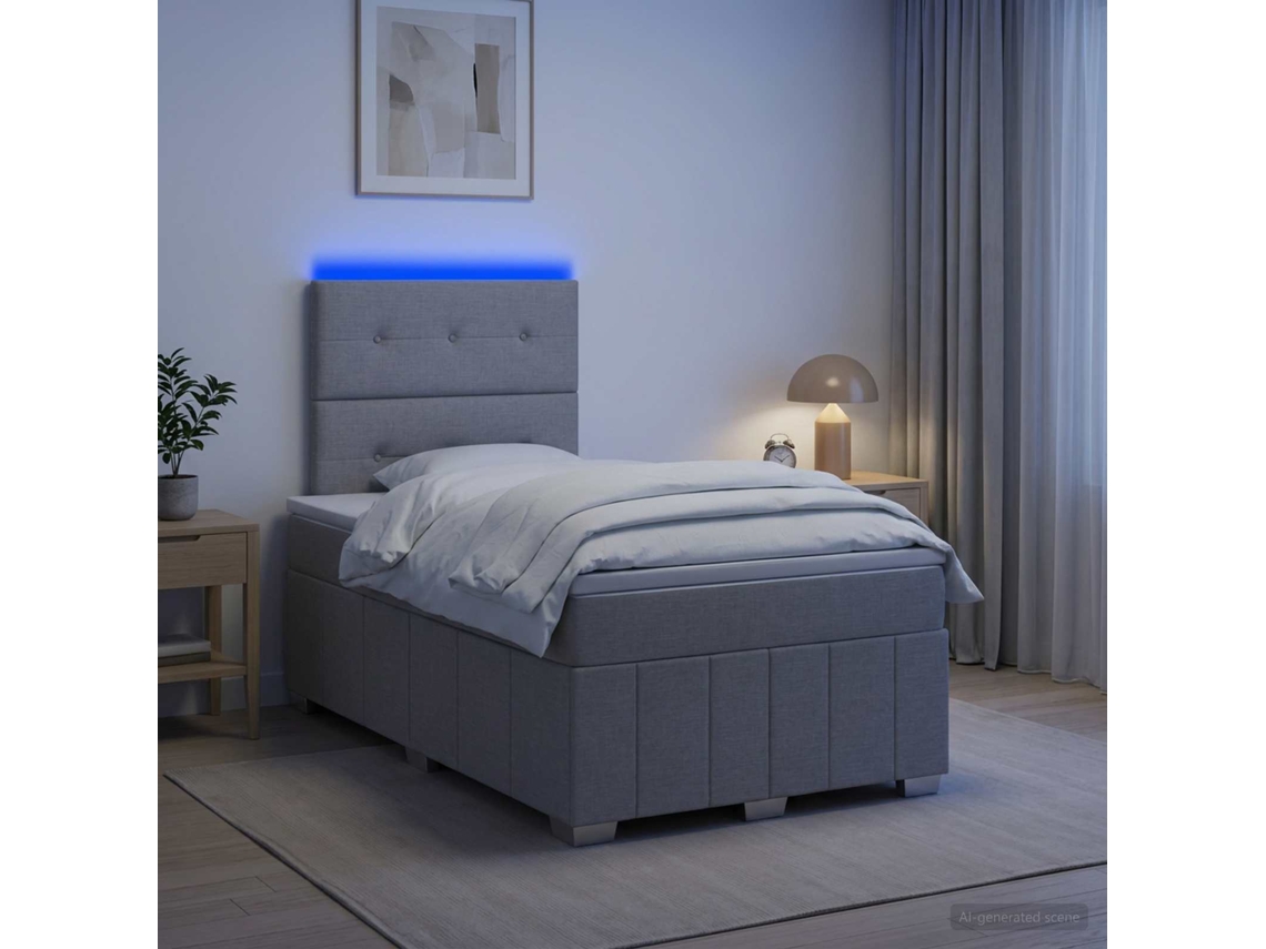 Vidaxl Cama Box Com Led E Colchão Cinzento-claro 120 X 190 Cm Tecido