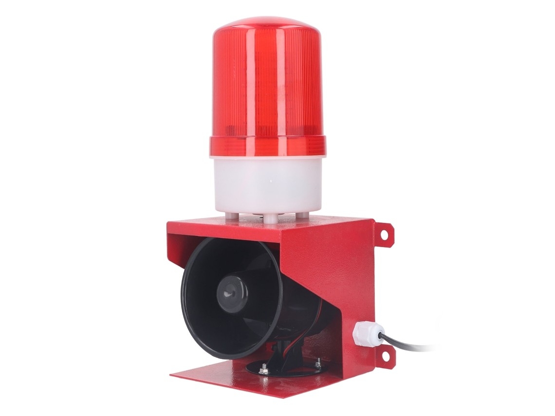Sirene industrial externa de 115 dB com luz intermitente rotativa e proteção IP.