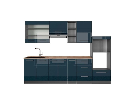 Cozinha Fame-Line, 280 cm, Carvalho PT, Azul escuro brilhante/Antracite, VICCO