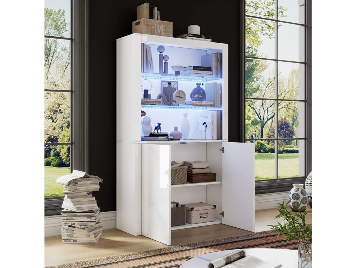Aparador Alto De Sala 100x35x170 Cm Vitrines Com Iluminação Led Tabuleiro Em Vidro Temperado Branco Estilo