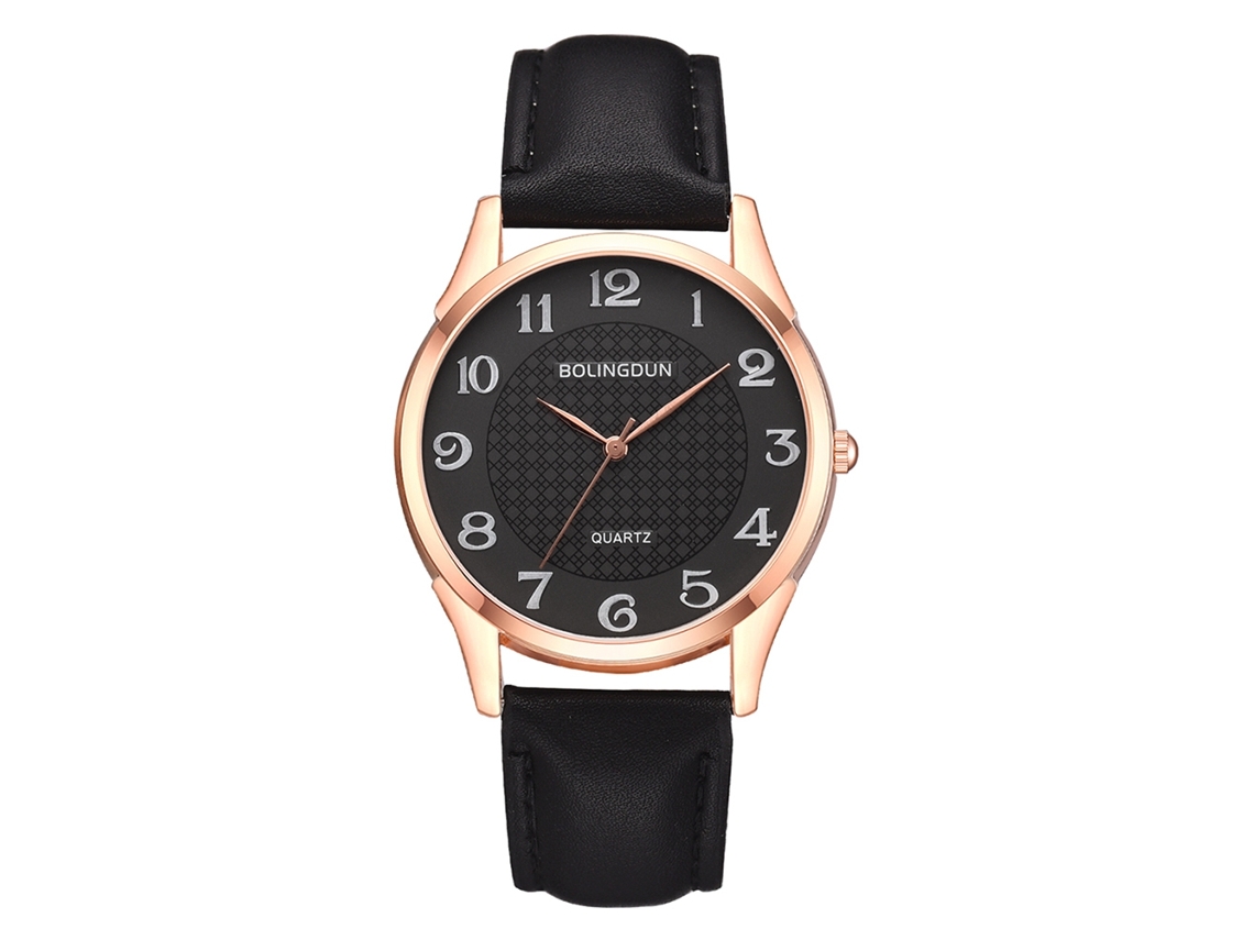 Relógio de Pulso de Quartzo Elegante com Pulseira de Couro Quadro Ouro Rosa e Mostrador Preto Grande