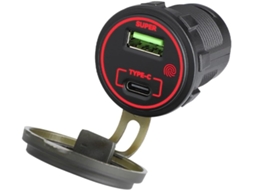 Adaptador veicular de 66 W com duas portas: Tipo C (30 W) + USB (36 W) com botões sensíveis.