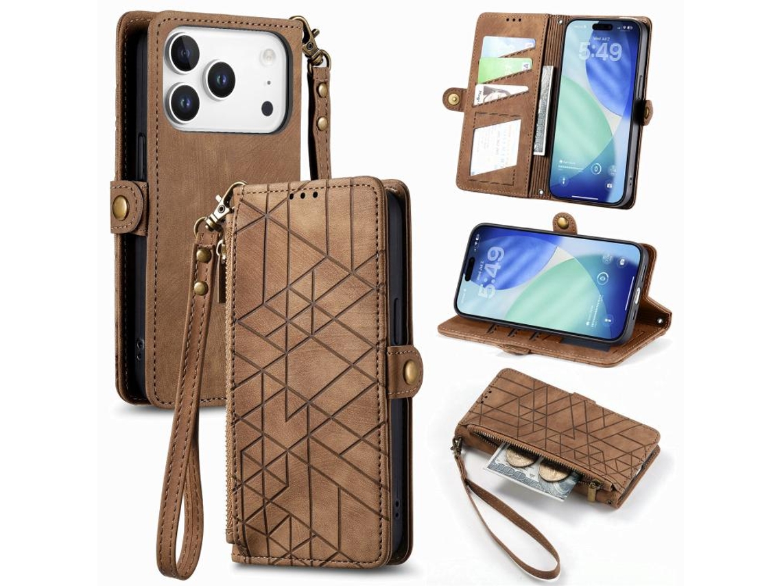 Capa Carteira Geométrica Com Zíper E Fivela Lateral Para Iphone 17 Pro