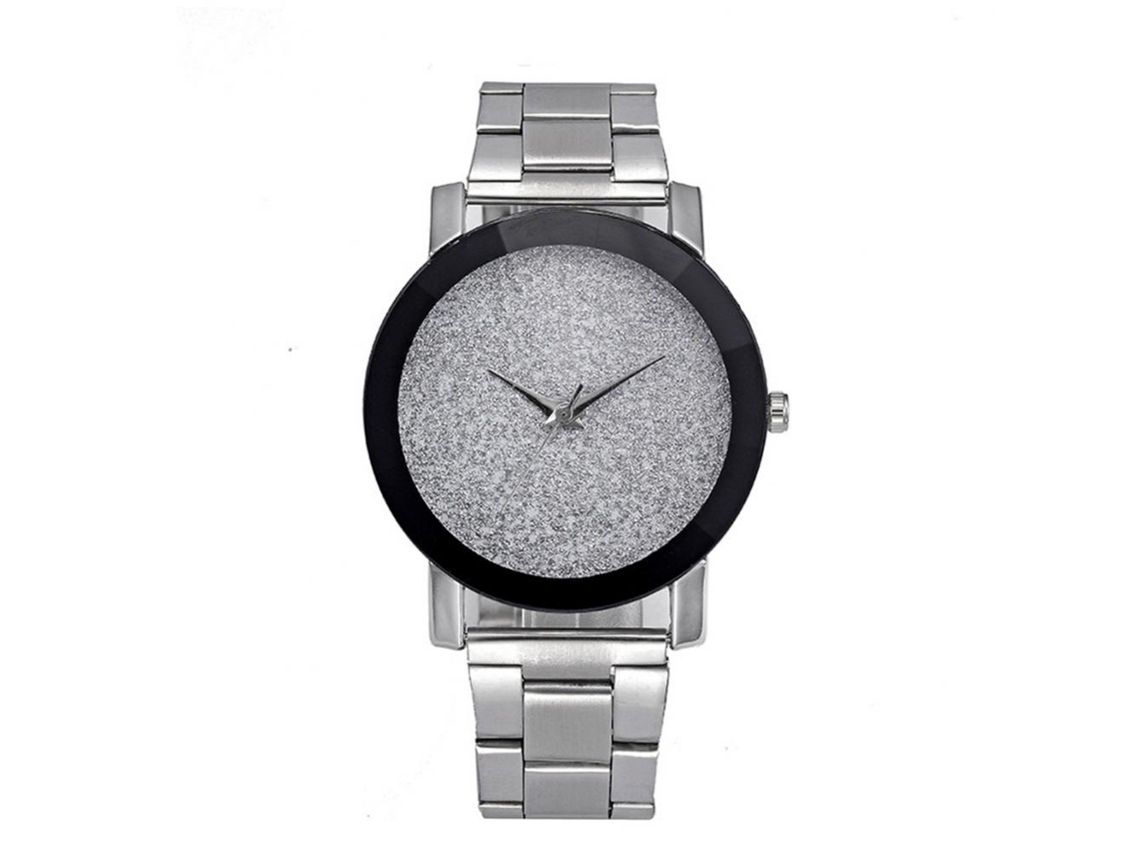 Relógio de pulso analógico de quartzo unissex de estilo simples com pulseira de aço (prateado)