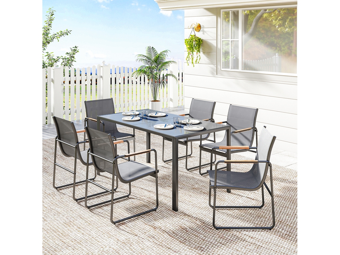 Conjunto De Jantar Externo 7 Peças, Mesa Vidro, Cadeiras Malha Braços, 6 Pessoas, Cinza