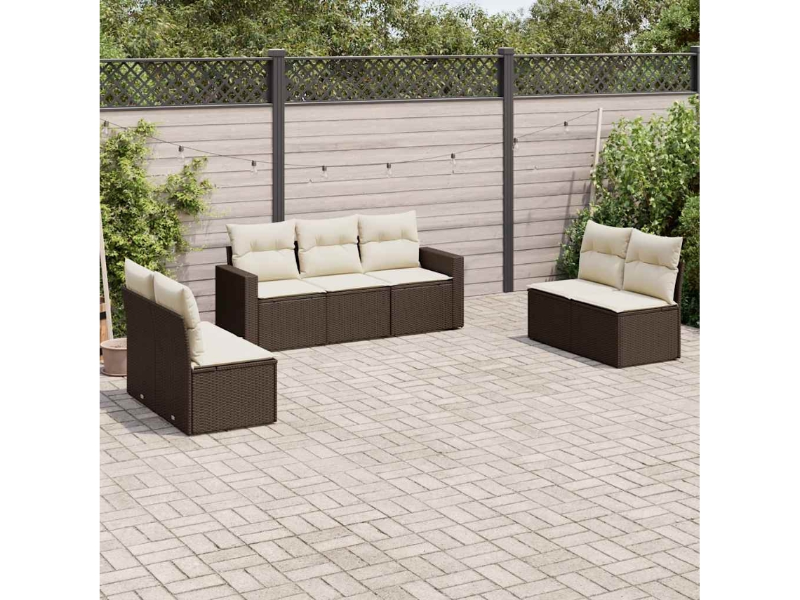 Vidaxl 7 Pcs Conjunto De Sofás Jardim C/ Almofadões Vime Pe Castanho