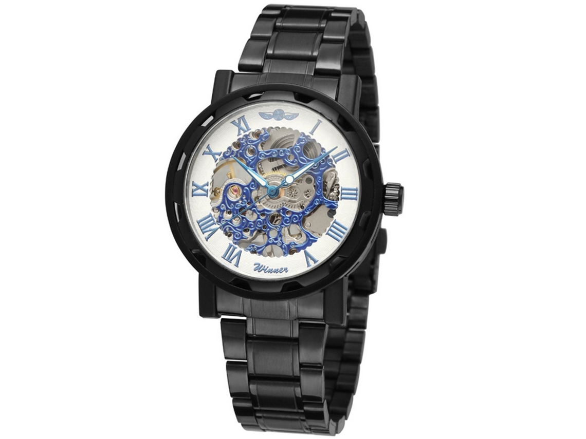 Relógio Mecânico Homem Resistente À Água 30m Pulseira de Aço Preto Azul