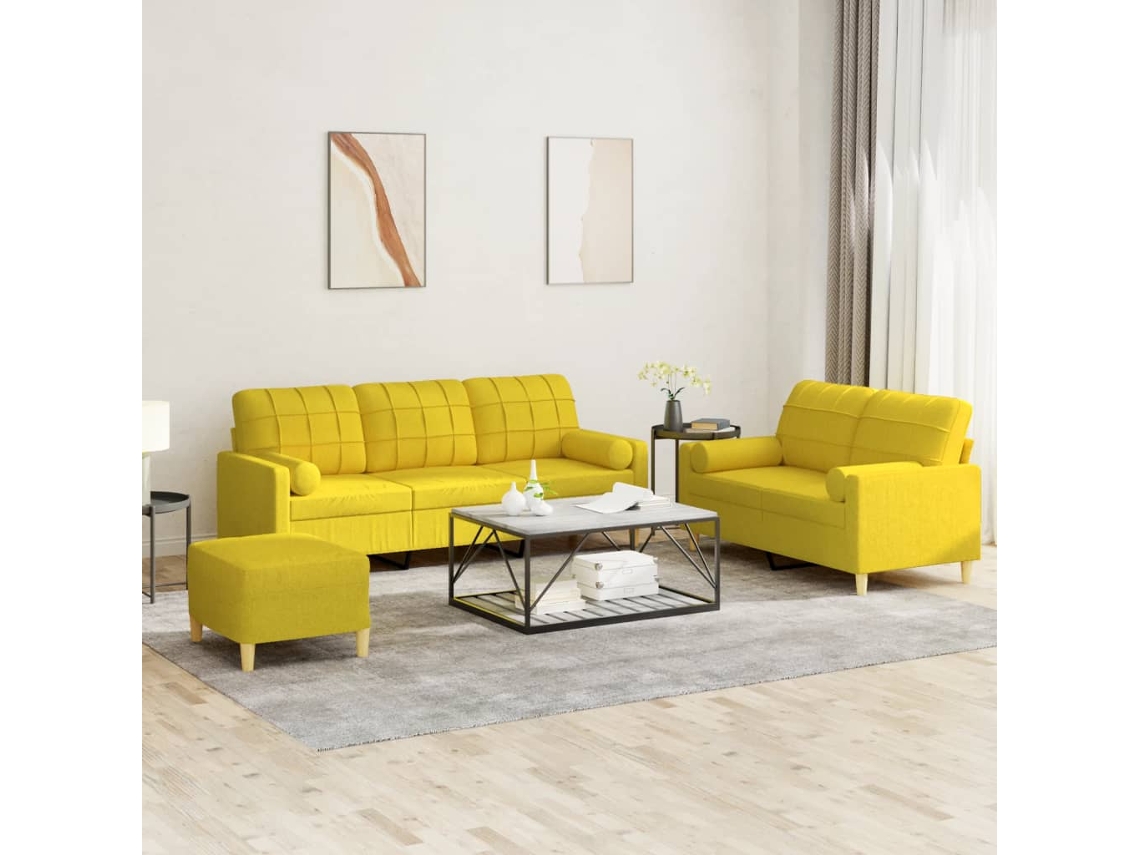 Vidaxl 3 Pcs Conjunto De Sofás Com Almofadas Tecido Amarelo-claro
