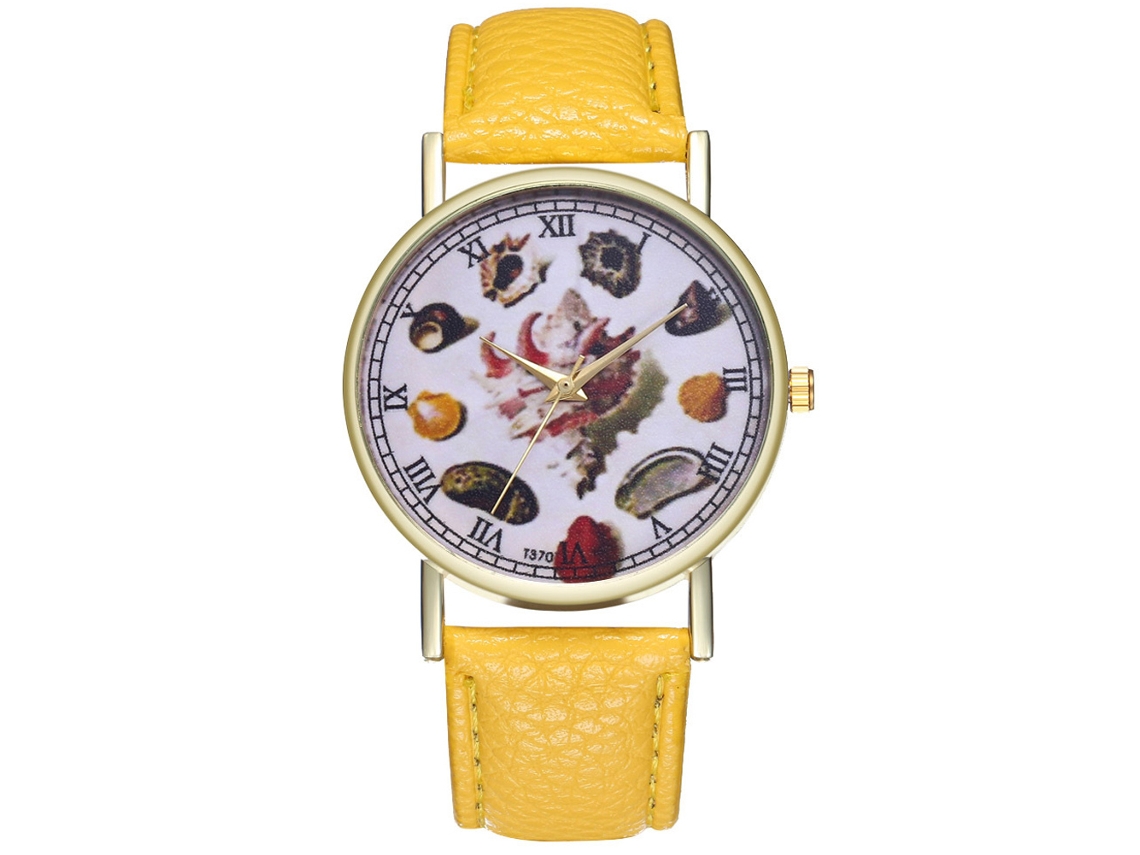 Relógio de quartzo com pulseira de couro PU, mostrador em formato de concha, unissex, amarelo