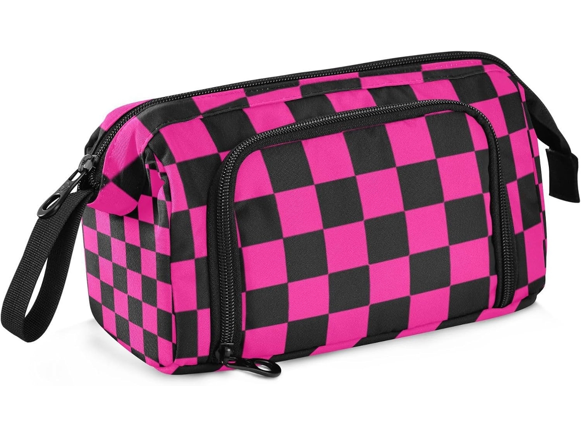 Estojo Grande com Compartimentos para Lápis, Ideal Estudantes e Viagens Estampa Xadrez Preta Rosa Escuro. 24