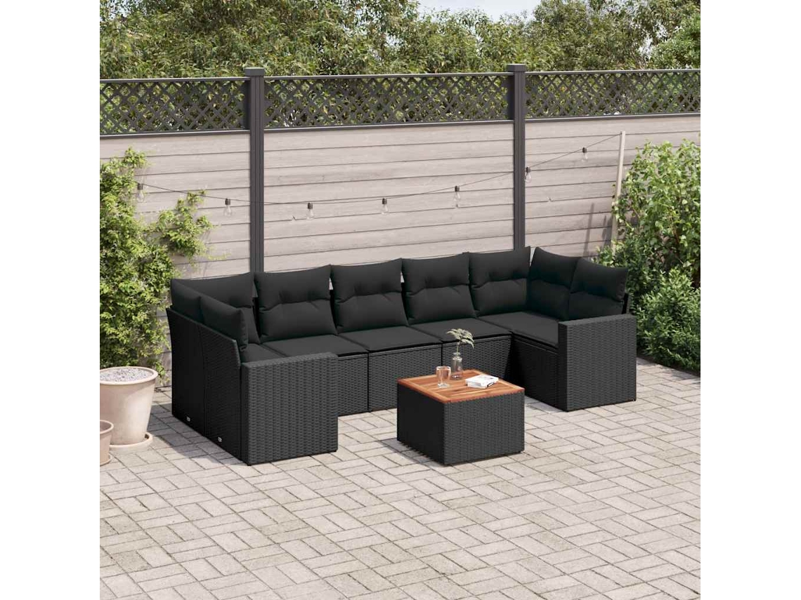 Vidaxl 8 Pcs Conjunto Sofás De Jardim Com Almofadões Vime Pe Preto