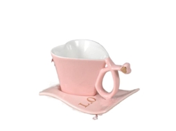 Rebe-Coffee Cup Heart Shape Criativa Love Reutilizável Com Prato E Colher Rosa
