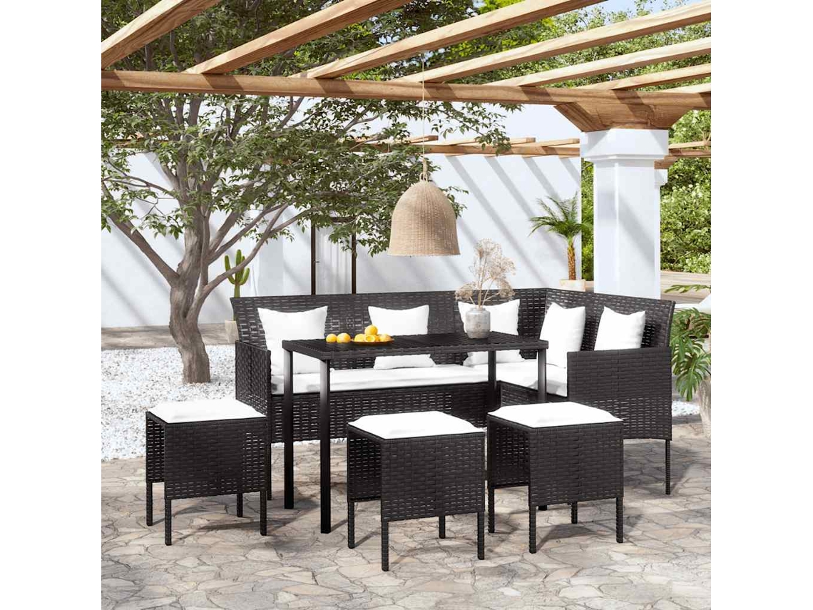 Vidaxl 5 Pcs Conjunto Sofás Formato L C/ Almofadões Vime Pe Preto
