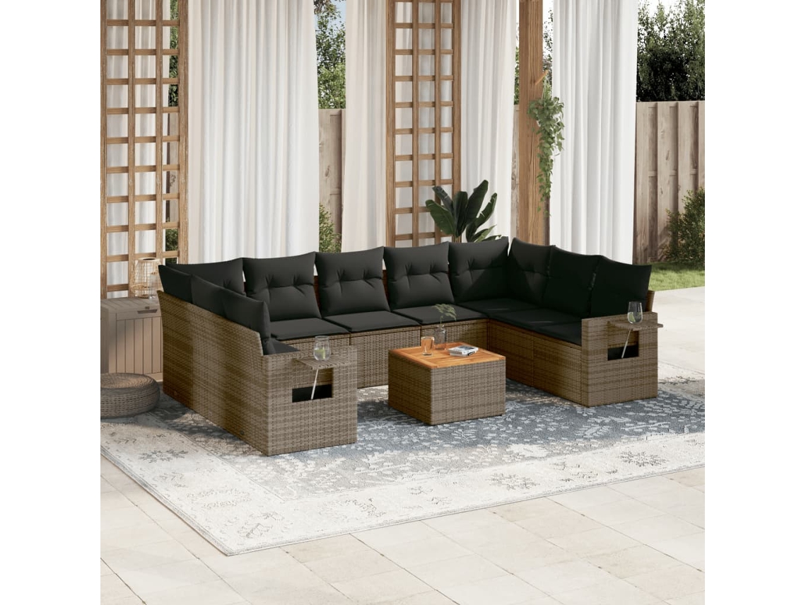 Vidaxl 10 Pcs Conjunto Sofás De Jardim C/ Almofadões Vime Pe Cinzento