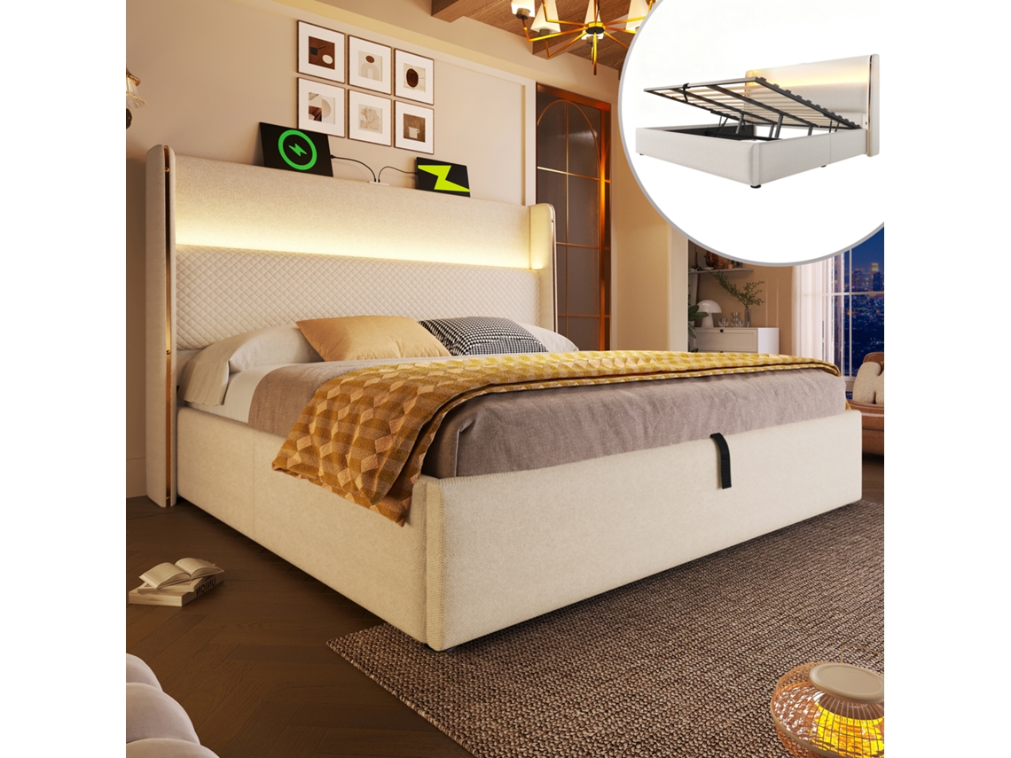 Cama Hidráulica Bege 140x200 Cm, Cabeceira Alta, Led, Usb/type-c, Arrumação