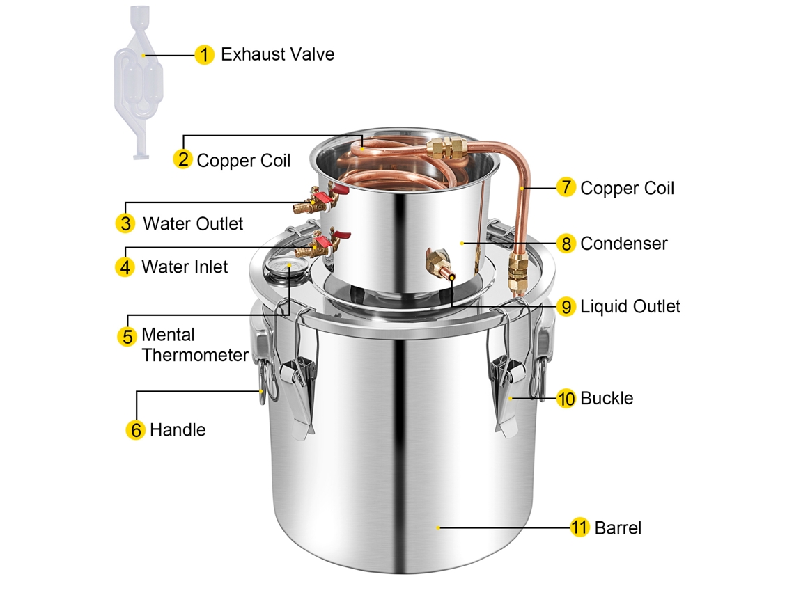 Destilador de Água e Álcool 50 L Alambique para Destilação Doméstica 1 Barril Serpentina em Aço Inoxidável Produzir Whisky Vinho Conhaque Vodka Rum