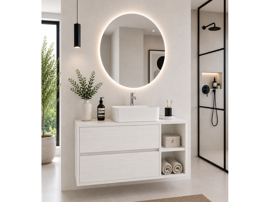 Móvel De Casa De Banho Com Bancada De Madeira E Lavatório De Pousar Origenbath Zeus Sem Espelho 90x45 Cm Direita Branco Nordico