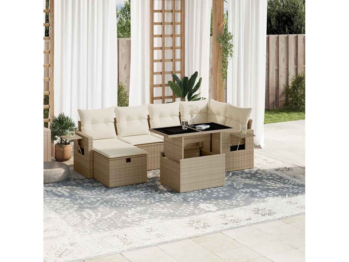 Vidaxl 7 Pcs Conjunto De Sofás P/ Jardim Com Almofadões Vime Pe Bege