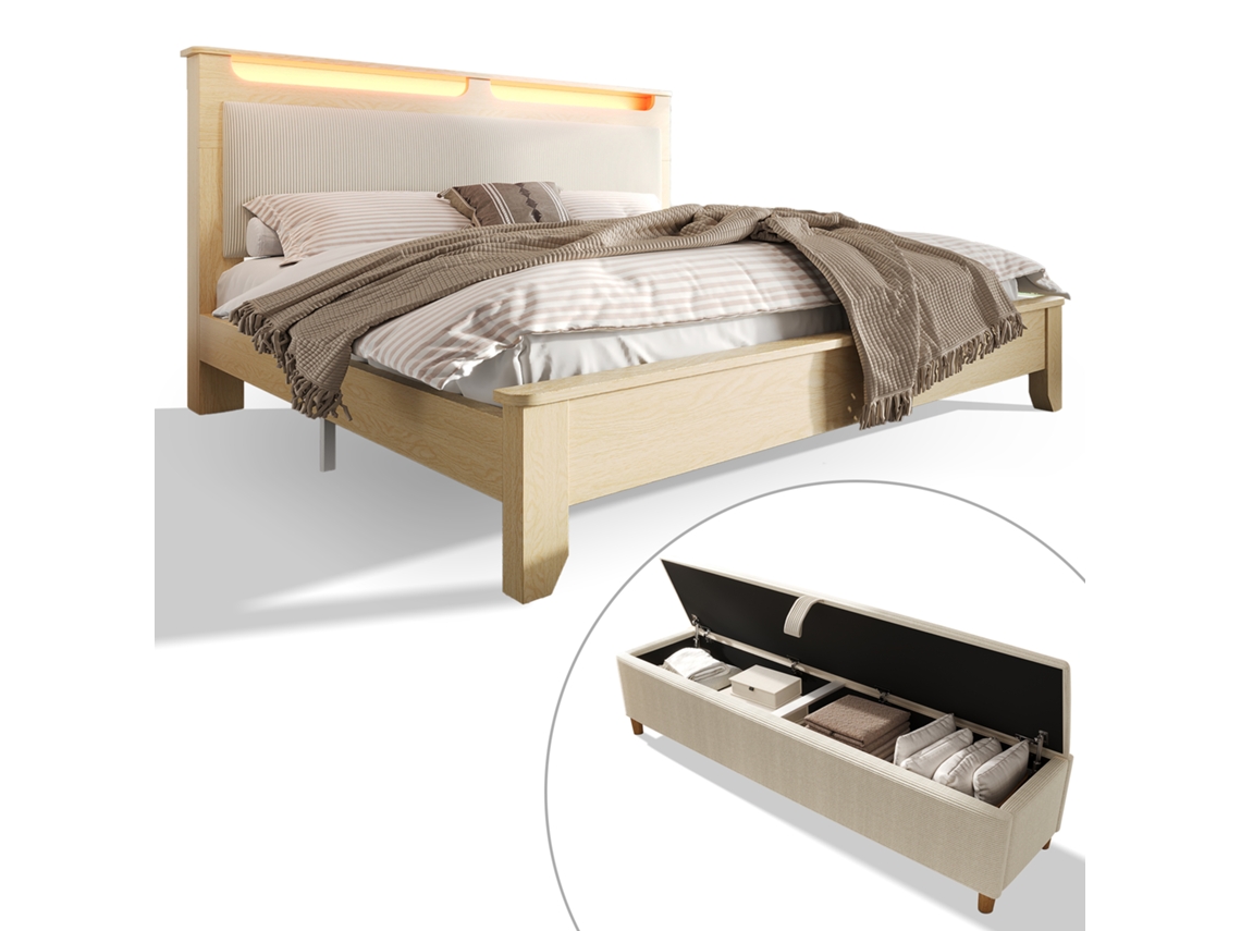 Cama Estofada Preta 140x200cm, Usb (com Fio/sem Fio), Led, Armazenamento, Padrão Lichia Pu.-op