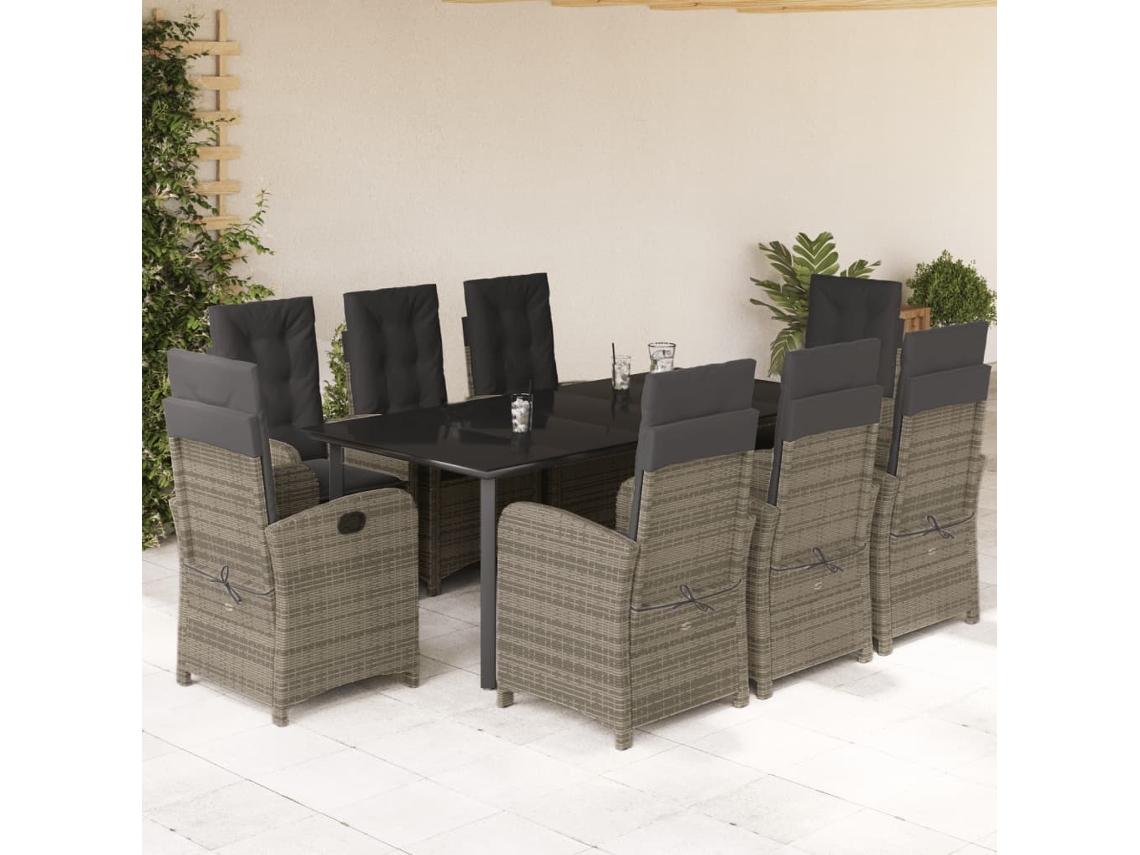Conjunto 9 Peças Jantar P/ Jardim C/ Almofadões Vime Pe Cinza Dkd Home Decor
