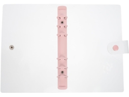 Adesivo transparente A6 em PVC rosa com 6 anéis, recarregável e durável, ideal para decorar escolas e carteiras.