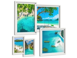 Conjunto De Pinturas Praias, Palmeiras, Água Cristalina Moldura Branca Quadros Para A Sala De Estar Espelharte (conjunto De 5 Imagens)