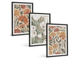 Composição De Quadros Padrões Florais Laranja E Verde Moldura Preta Fotos Para O Escritório Espelharte (3 Piezas De 40x60 Cm)