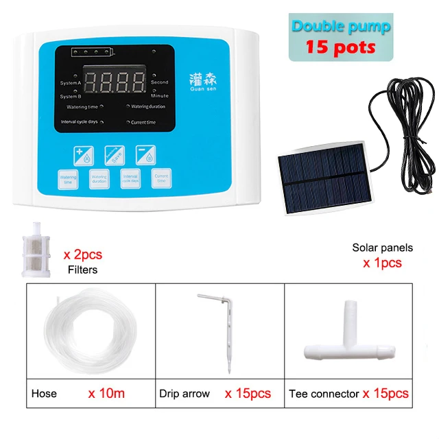 Sistema de Irrigação por Gotejamento para Jardim , Controlador de Tempo, Energia Solar. MDUG (bombas Duplas, Azul, Mangueira de 10 Metros)
