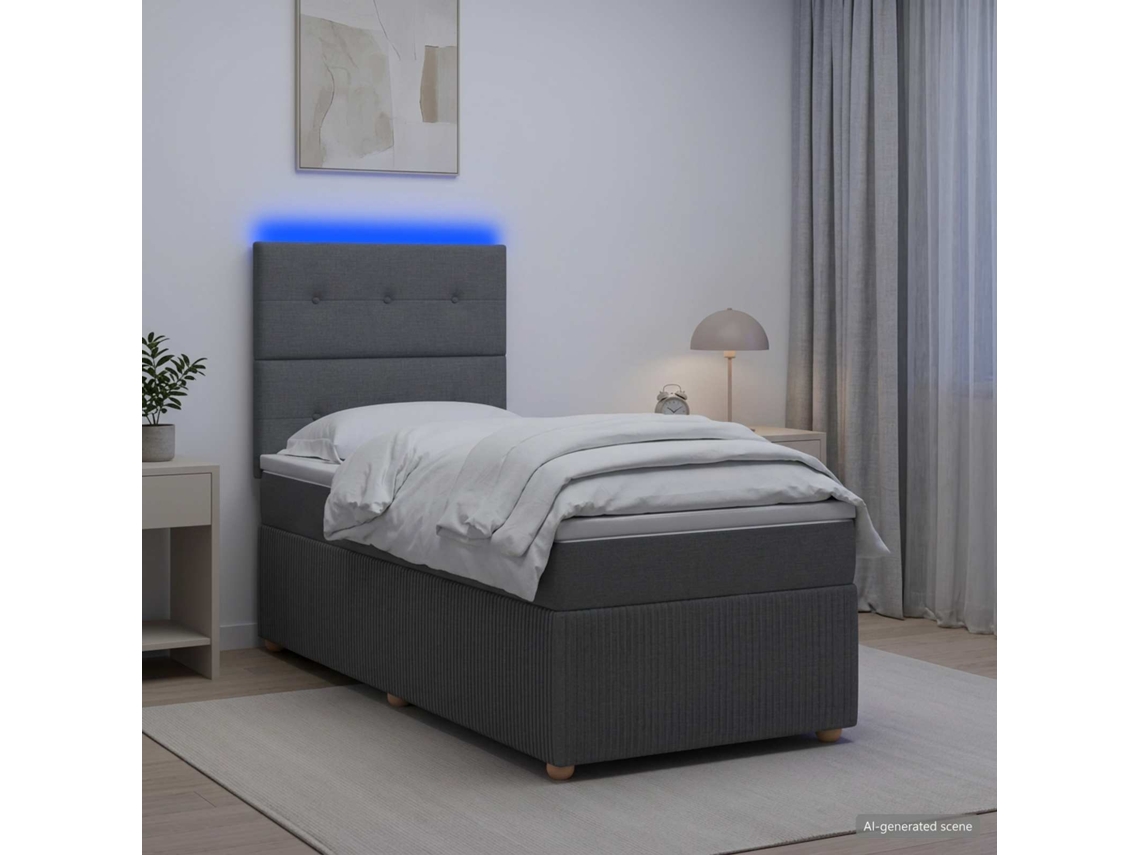 Vidaxl Cama Box Com Led E Colchão Cinzento-escuro 100 X 200 Cm Tecido