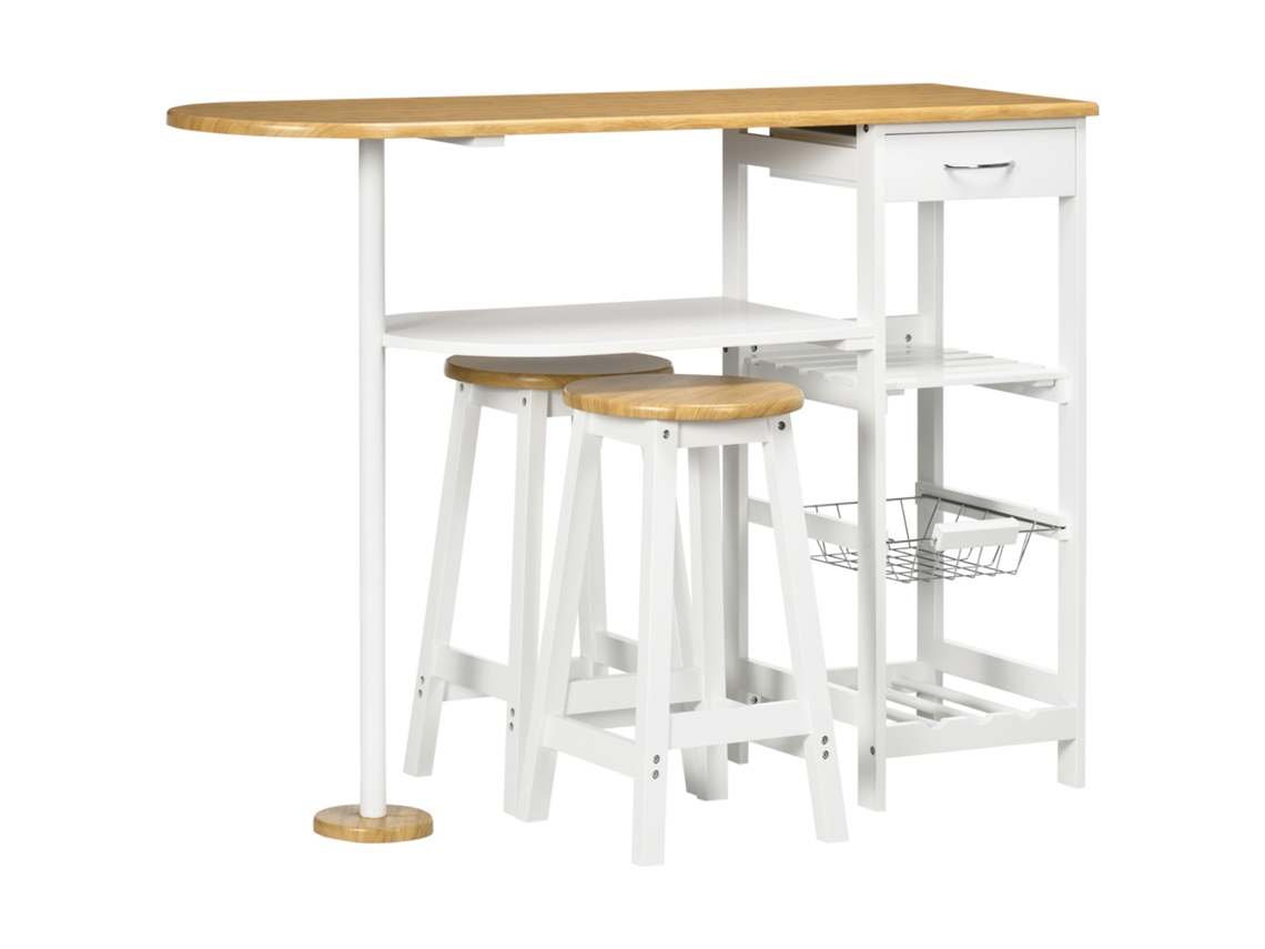 Conjunto de mesa de bar com cesta removível, suporte para garrafas, 2 bancos, 119x38,5x88,5 cm, branco | S/MARCA