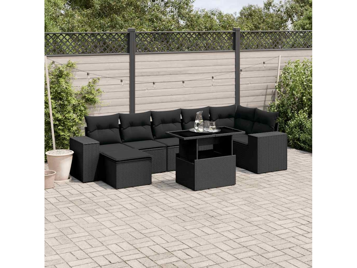 Vidaxl 8 Pcs Conjunto Sofás de Jardim com Almofadões Vime Pe Preto