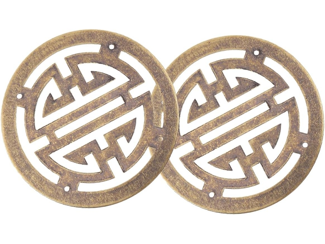 Apliques De Latão, 2 Peças, Estilo Chinês, Diâmetro Em Cm, Acabamento Em Bronze.